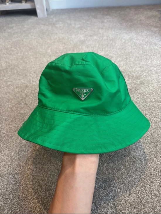 Prada Accessories - Prada Emerald Green Nylon Bucket Hat with Metal Triangle Logo
